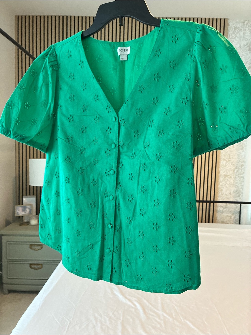 J. Crew Emerald Eyelet V-Neck Button Front Blouse